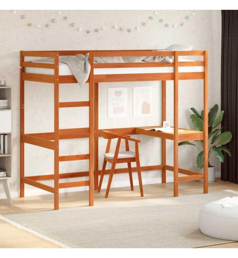 Hochbett mit Schreibtisch Wachsbraun 90x200cm Massivholz Kiefer
