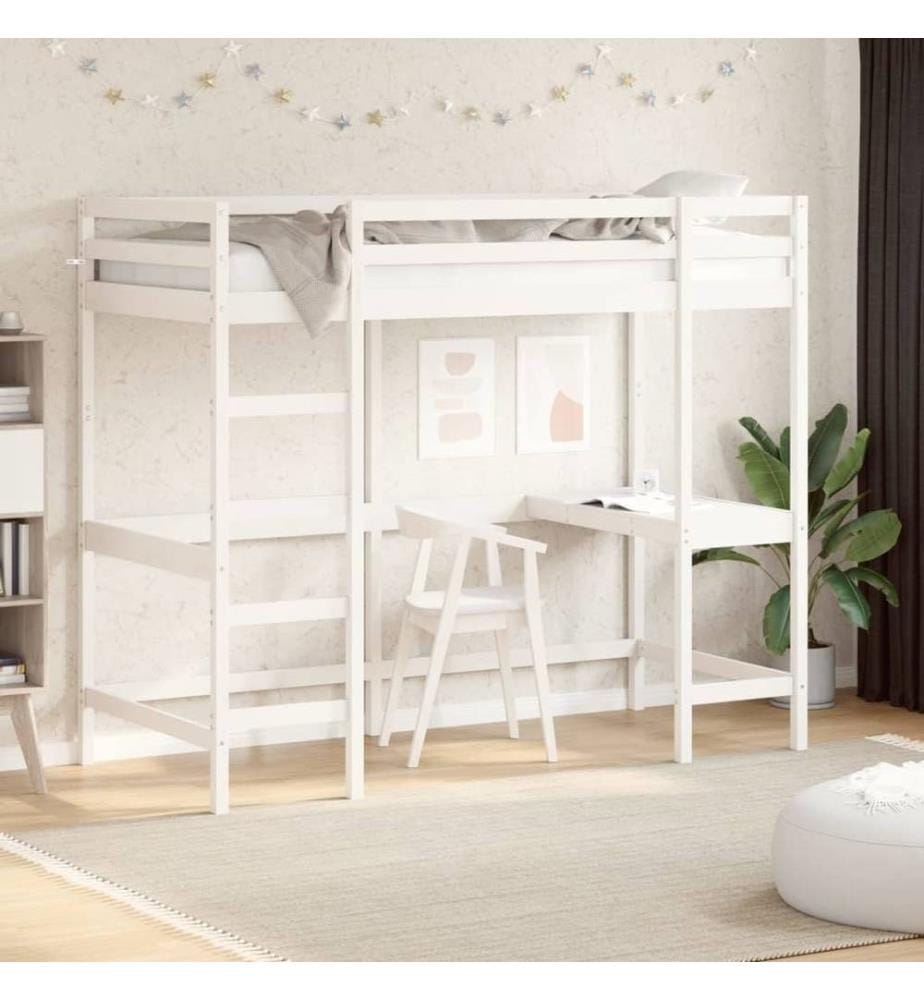 Hochbett mit Schreibtisch Weiss 90x190 cm Massivholz Kiefer