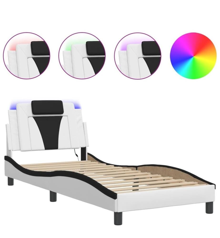Bettgestell mit LED Weiss und Schwarz 90x190 cm Kunstleder