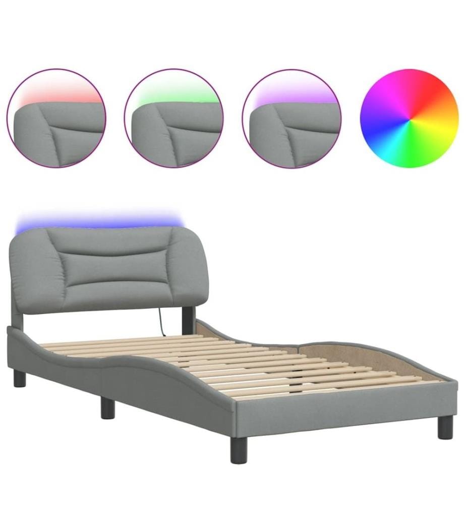 Bettgestell mit LED Hellgrau 100x200 cm Stoff