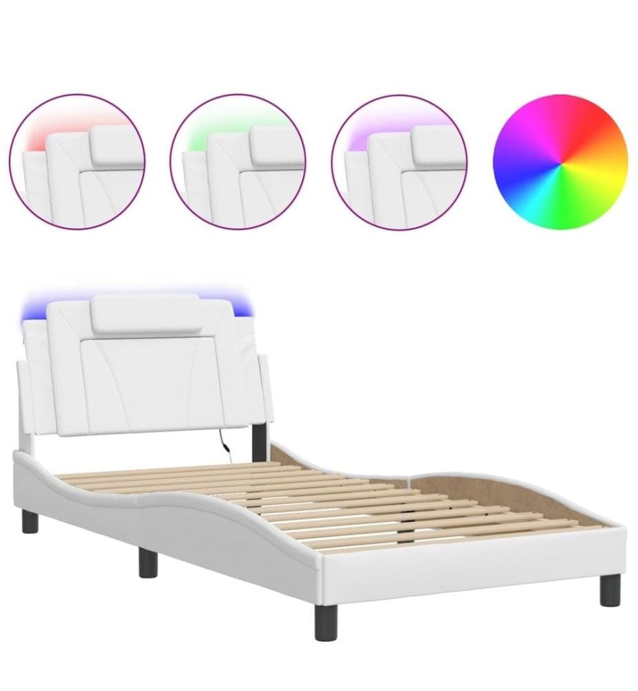 Bettgestell mit LED Weiss 100x200 cm Kunstleder