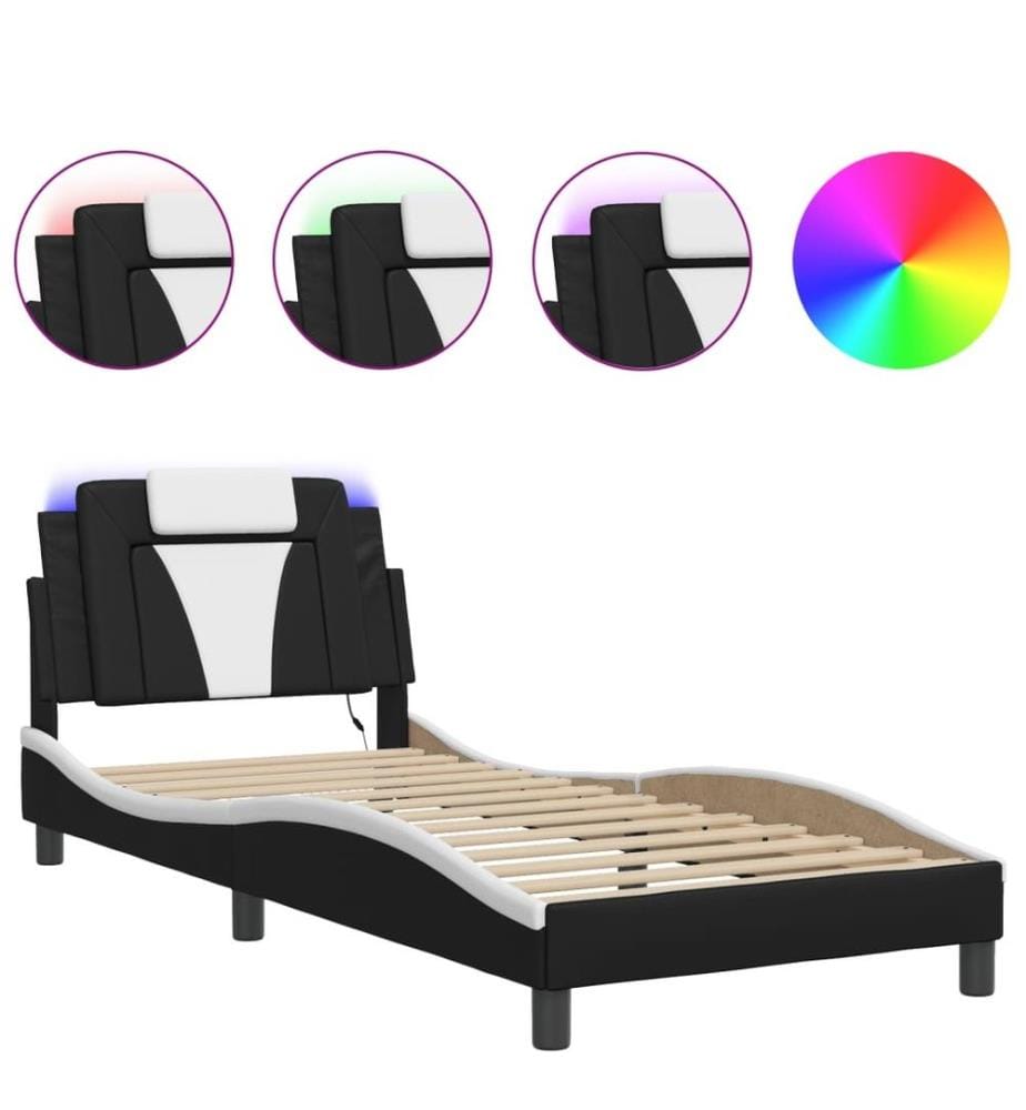 Bettgestell mit LED Schwarz und Weiss 90x200 cm Kunstleder