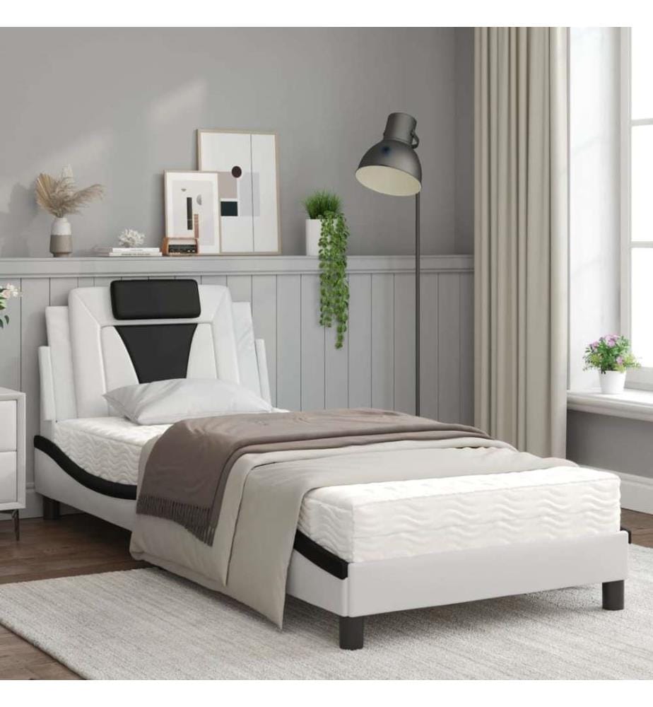 Bett mit Matratze Weiss und Schwarz 90x190 cm Kunstleder