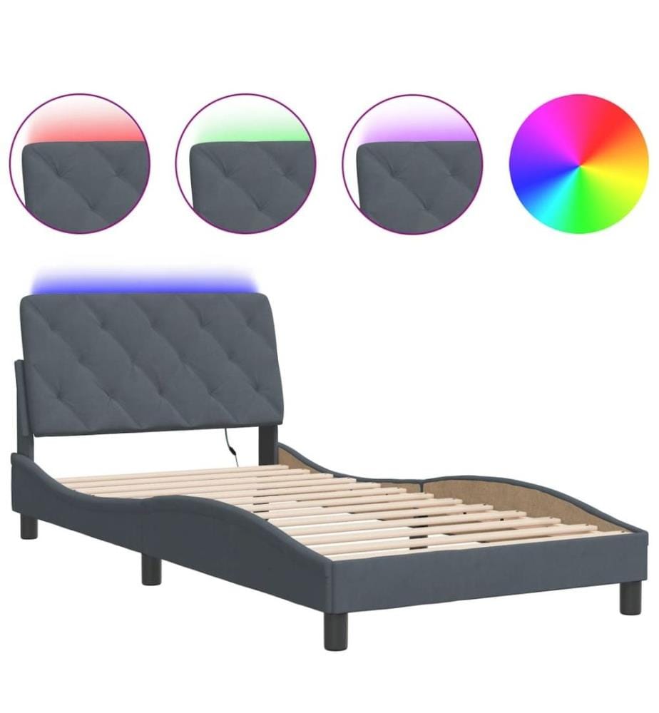 Bettgestell mit LED-Leuchten Dunkelgrau 100x200 cm Samt