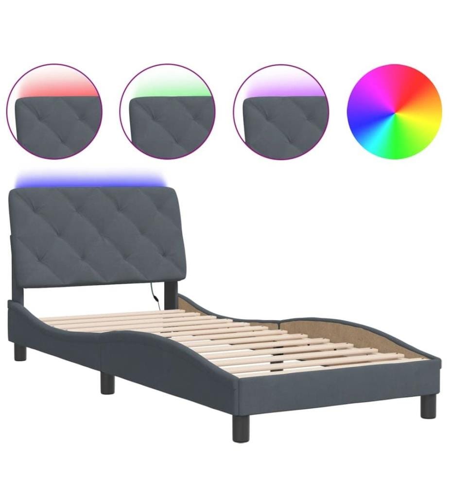 Bettgestell mit LED-Leuchten Dunkelgrau 90x200 cm Samt
