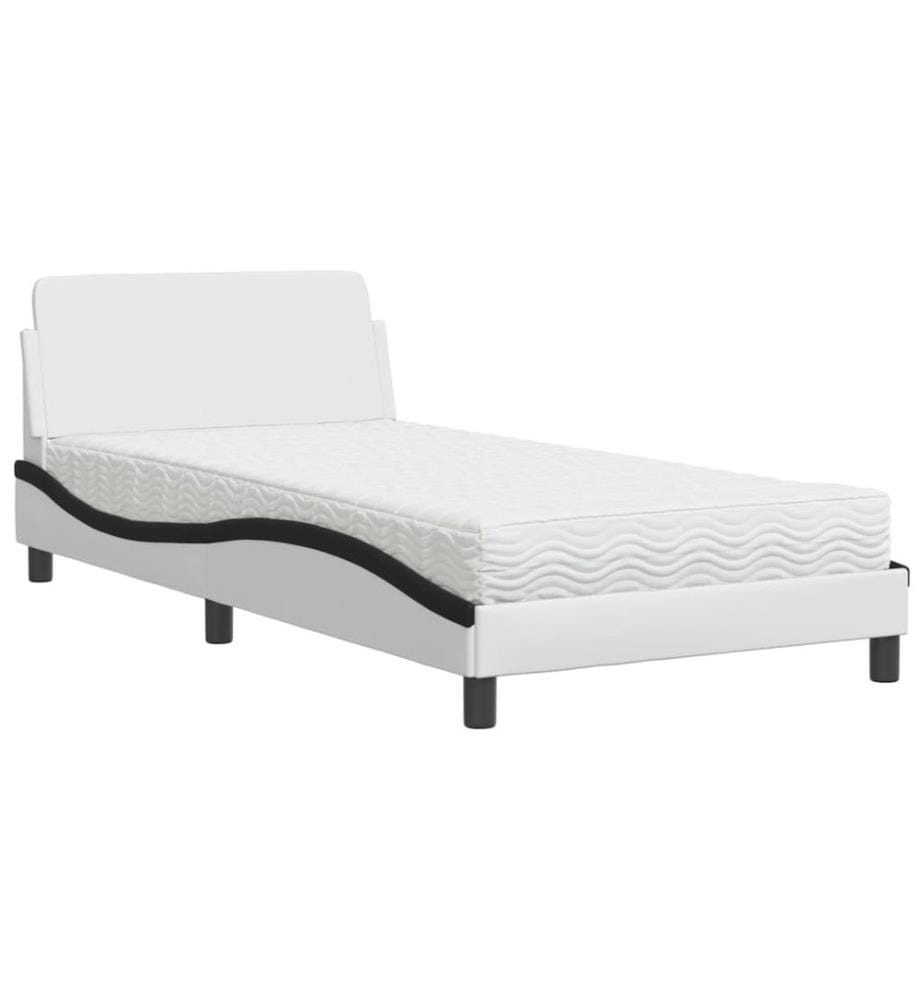 Bett mit Matratze Weiss und Schwarz 100x200 cm Kunstleder