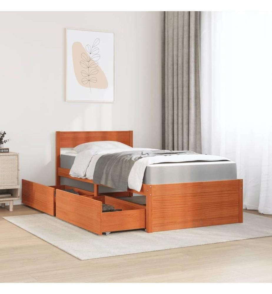 Bett mit Schubladen und Matratze Wachsbraun 90x200 Massivholz