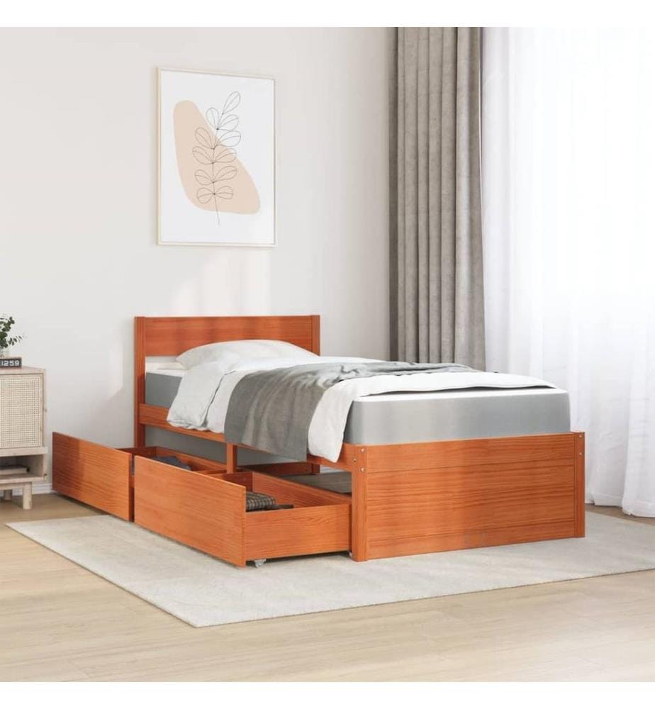 Bett mit Schubladen und Matratze Wachsbraun 90x190 Massivholz