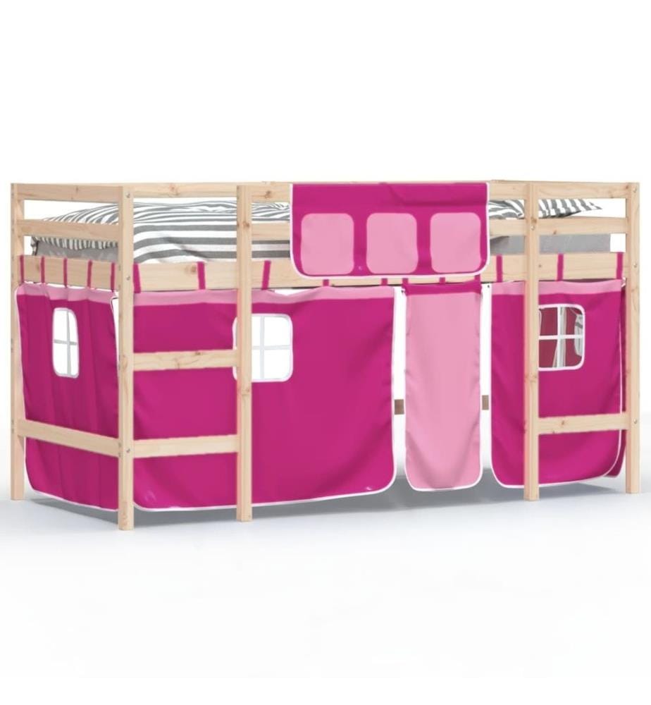Kinderhochbett mit Vorhängen Rosa 90x190 cm Massivholz Kiefer