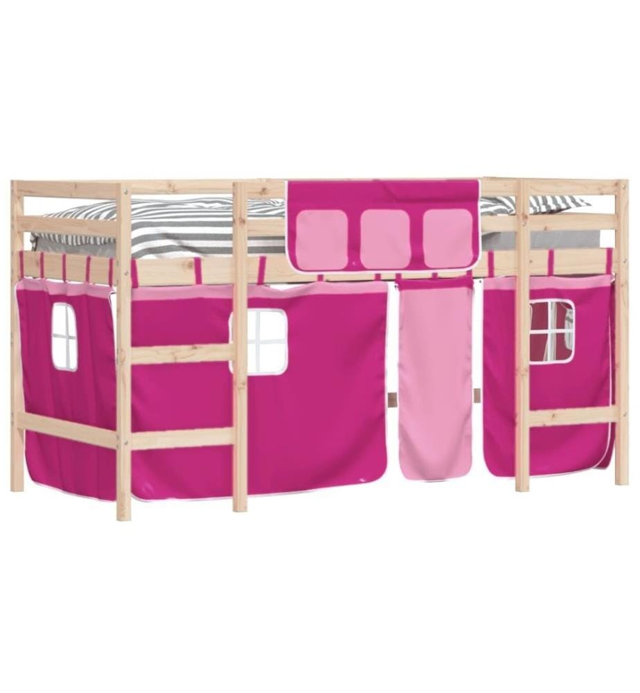 Kinderhochbett mit Vorhängen Rosa 90x190 cm Massivholz Kiefer