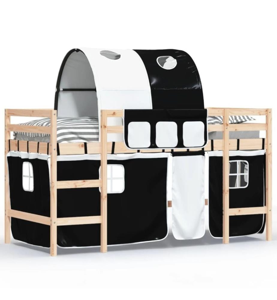 Kinderhochbett mit Tunnel Weiss & Schwarz 80x200 cm Kiefernholz