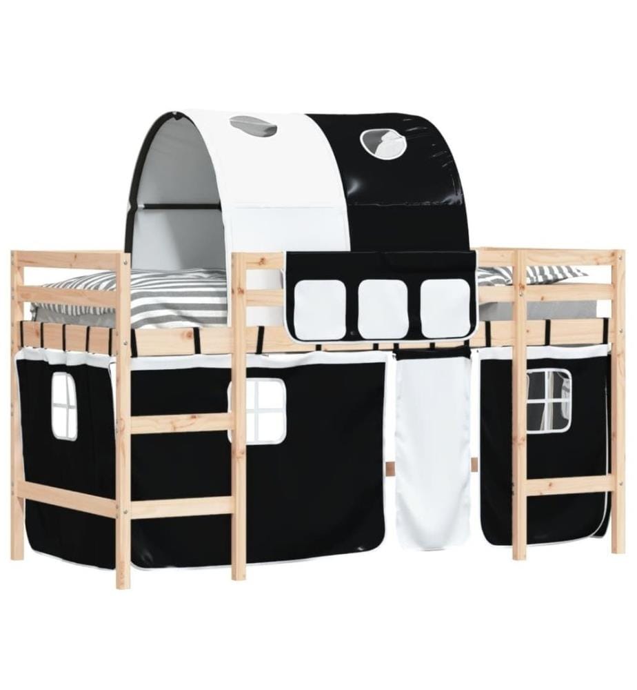 Kinderhochbett mit Tunnel Weiss & Schwarz 80x200 cm Kiefernholz