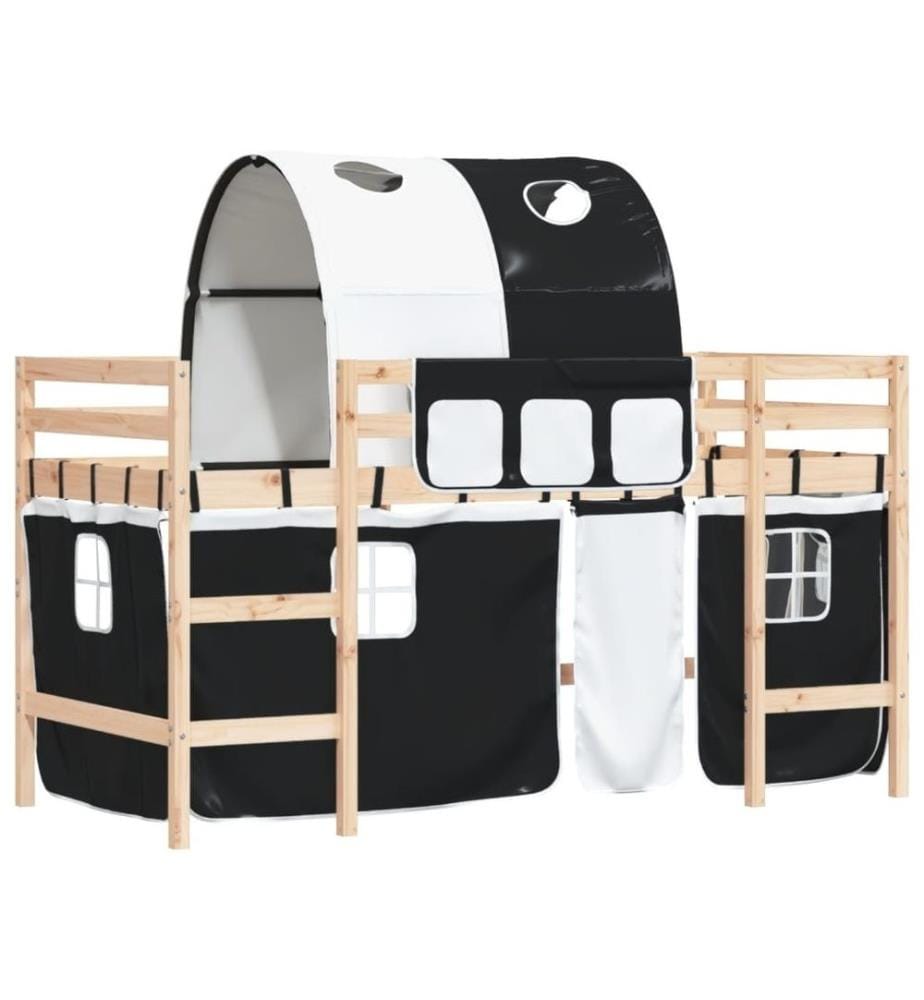 Kinderhochbett mit Tunnel Weiss & Schwarz 80x200 cm Kiefernholz