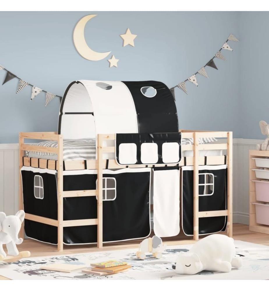 Kinderhochbett mit Tunnel Weiss & Schwarz 90x200 cm Kiefernholz