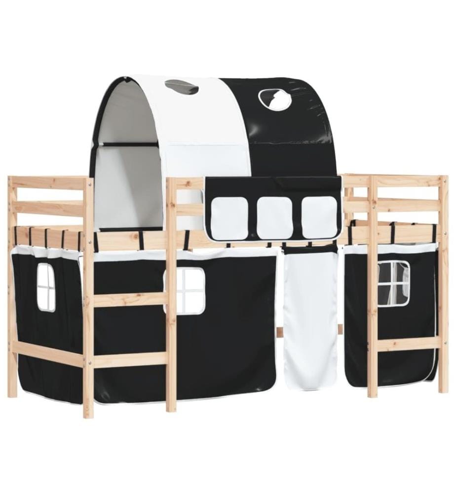 Kinderhochbett mit Tunnel Weiss & Schwarz 90x200 cm Kiefernholz