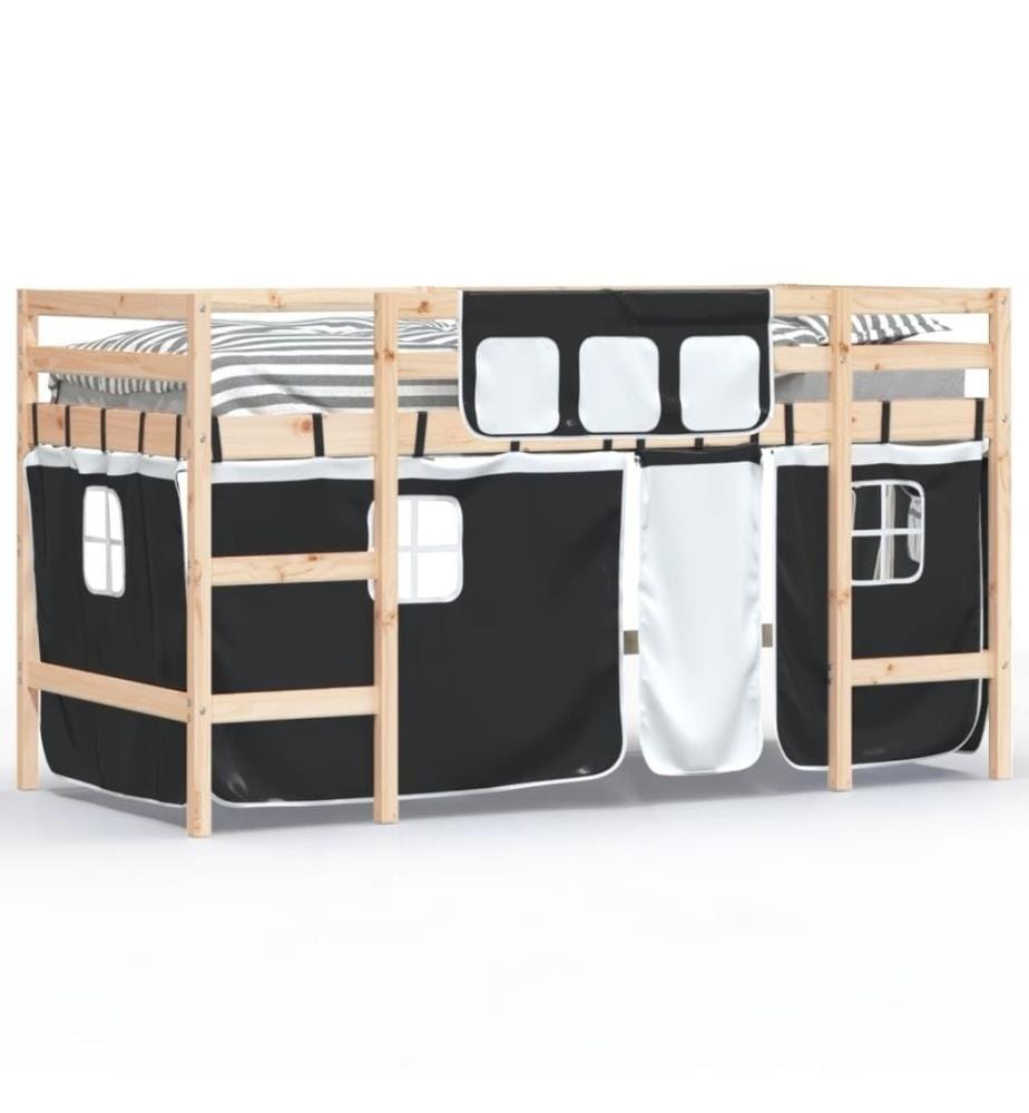 Kinderhochbett mit Vorhängen Weiss Schwarz 90x190 cm Kiefernholz