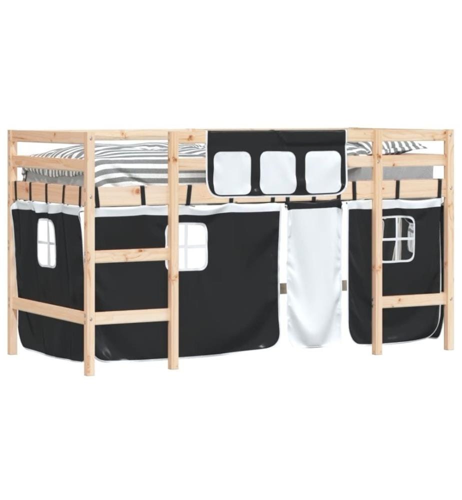 Kinderhochbett mit Vorhängen Weiss Schwarz 90x190 cm Kiefernholz