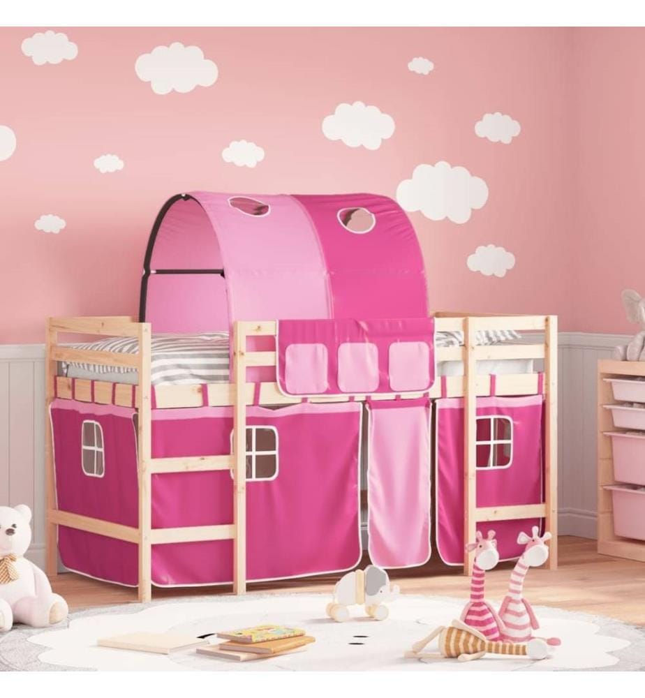 Lit mezzanine enfants avec tunnel rose 80x200cm bois pin massif