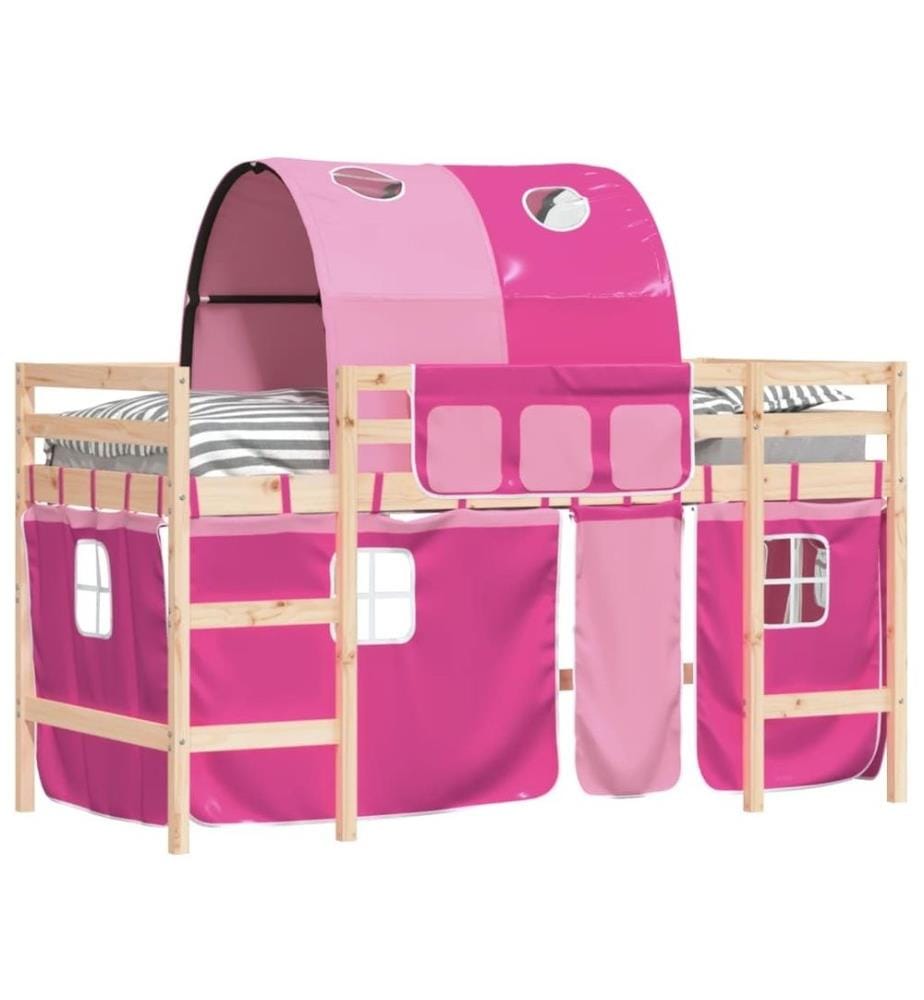 Lit mezzanine enfants avec tunnel rose 80x200cm bois pin massif