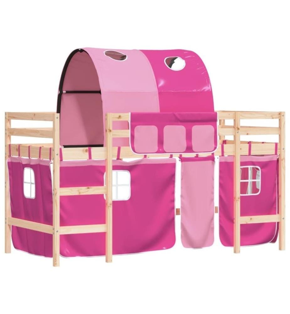 Lit mezzanine enfants avec tunnel rose 80x200cm bois pin massif