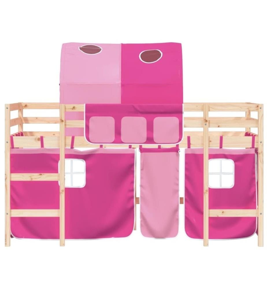 Lit mezzanine enfants avec tunnel rose 80x200cm bois pin massif