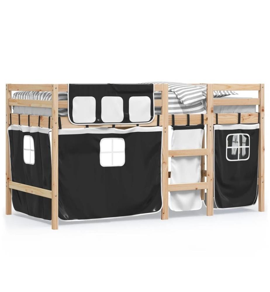 Lit mezzanine enfants et rideaux blanc/noir 80x200cm pin massif