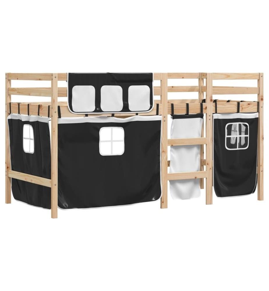 Lit mezzanine enfants et rideaux blanc/noir 80x200cm pin massif