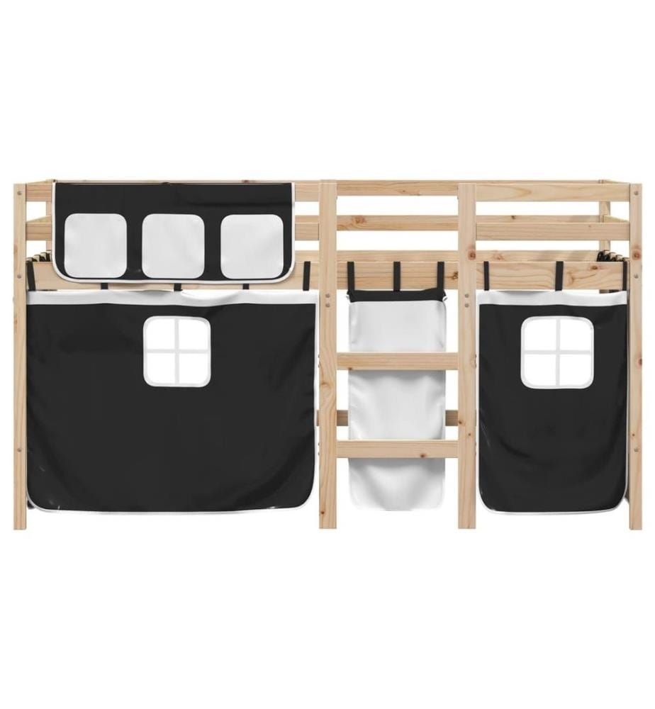 Lit mezzanine enfants et rideaux blanc/noir 80x200cm pin massif