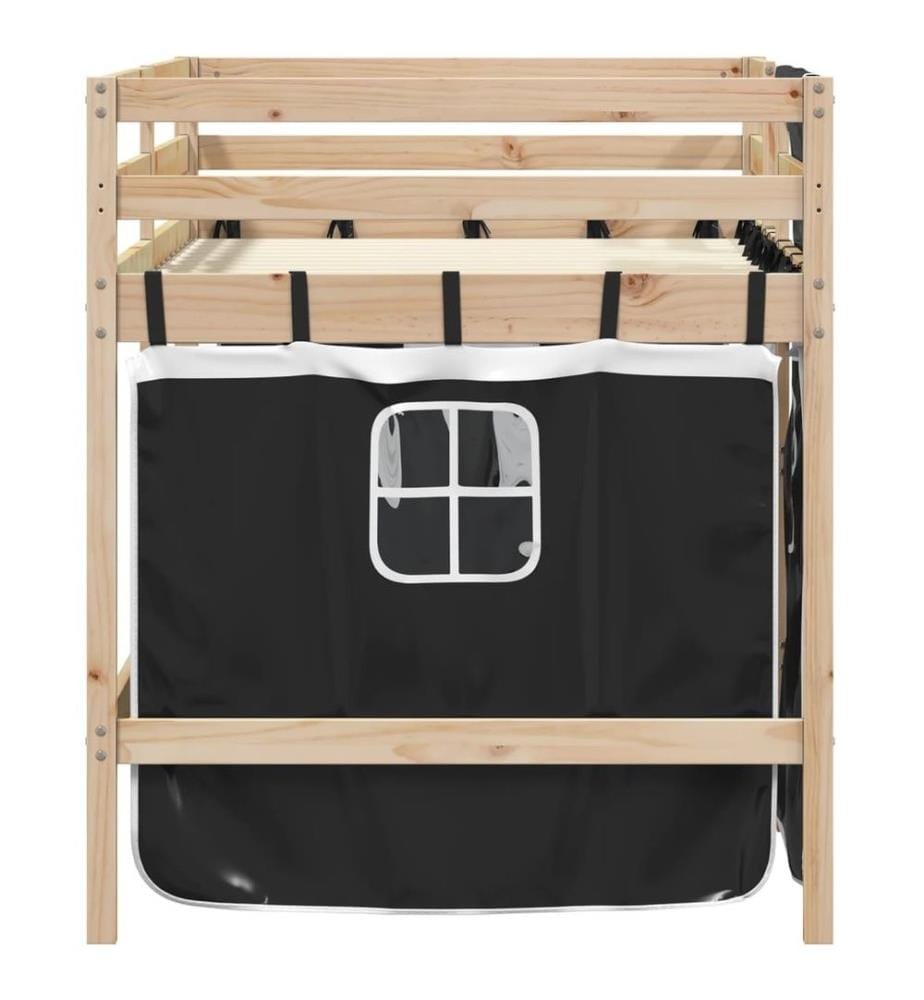 Lit mezzanine enfants et rideaux blanc/noir 80x200cm pin massif