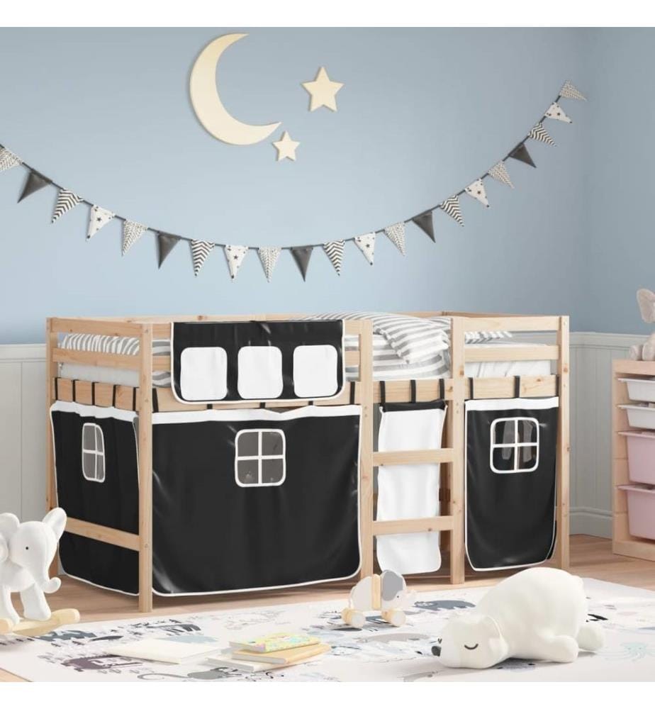 Kinderhochbett mit Vorhängen Weiss Schwarz 90x200 cm Kiefernholz