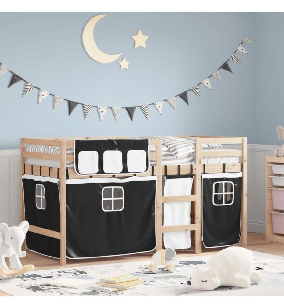 Kinderhochbett mit Vorhängen Weiss Schwarz 90x190 cm Kiefernholz