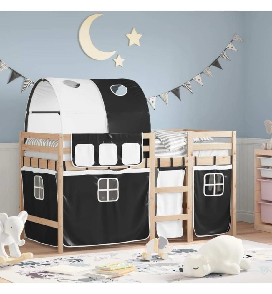 Lit mezzanine enfants et tunnel blanc/noir 80x200cm pin massif