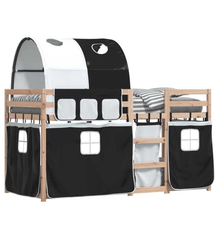 Lit superposé avec rideaux blanc/noir 80x200 cm bois pin massif