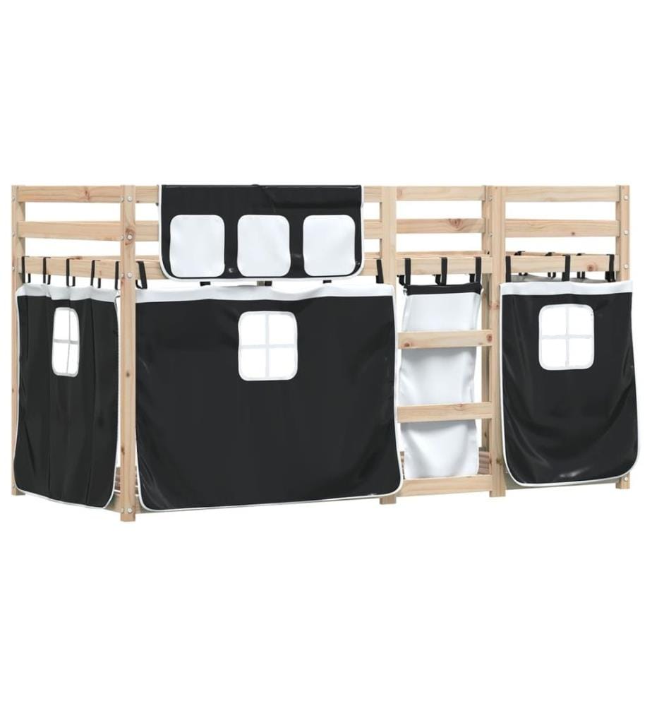 Lit superposé avec rideaux blanc/noir 75x190 cm bois pin massif