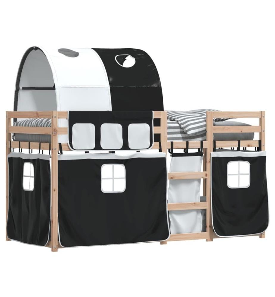 Lit superposé avec rideaux blanc/noir 90x200 cm bois pin massif