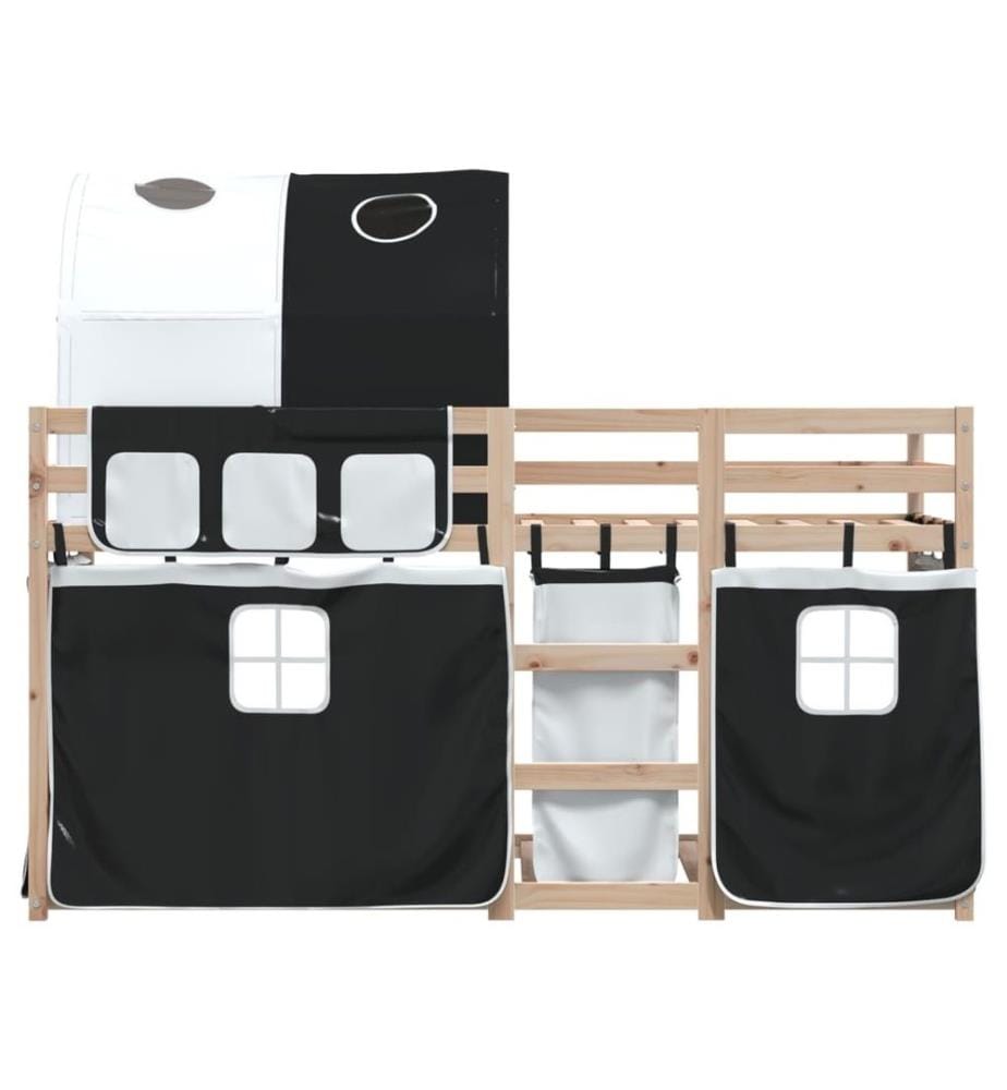 Lit superposé avec rideaux blanc/noir 90x200 cm bois pin massif