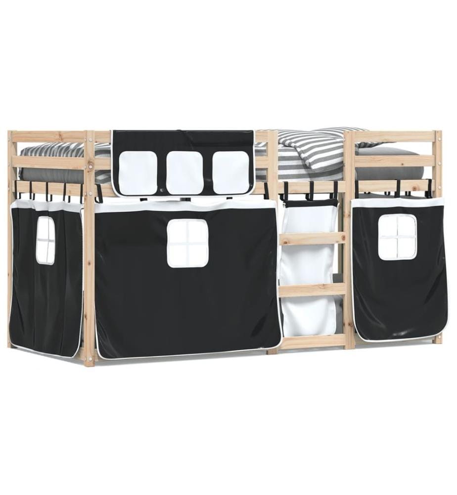 Lit superposé avec rideaux blanc/noir 90x190 cm bois pin massif