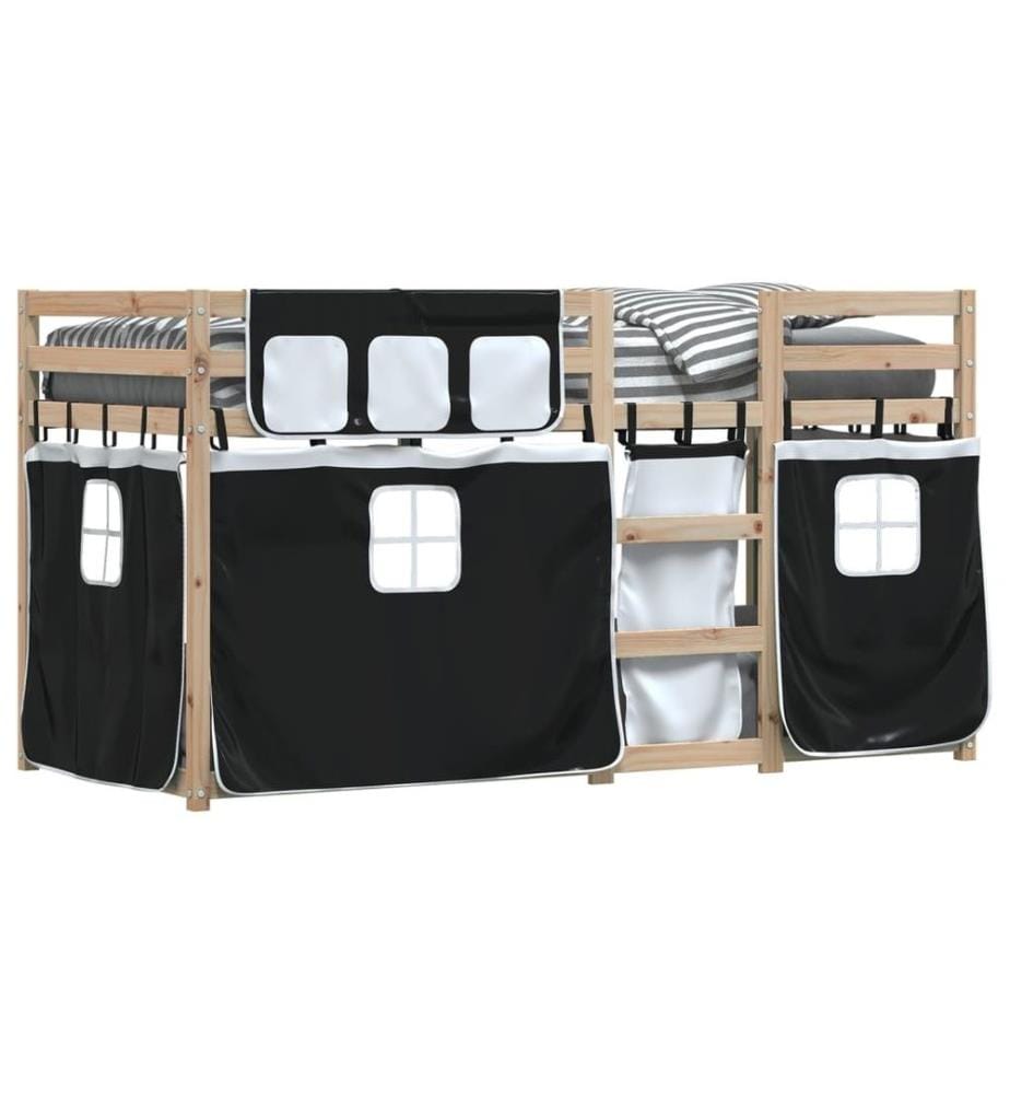 Lit superposé avec rideaux blanc/noir 90x190 cm bois pin massif