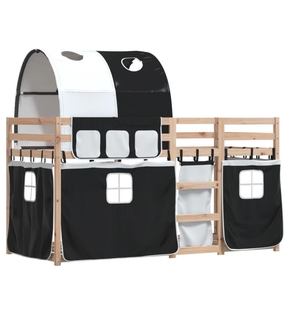 Lit superposé avec rideaux blanc/noir 90x190 cm bois pin massif