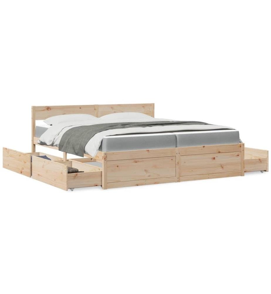 Lit avec tiroirs et matelas 200x200 cm bois massif de pin