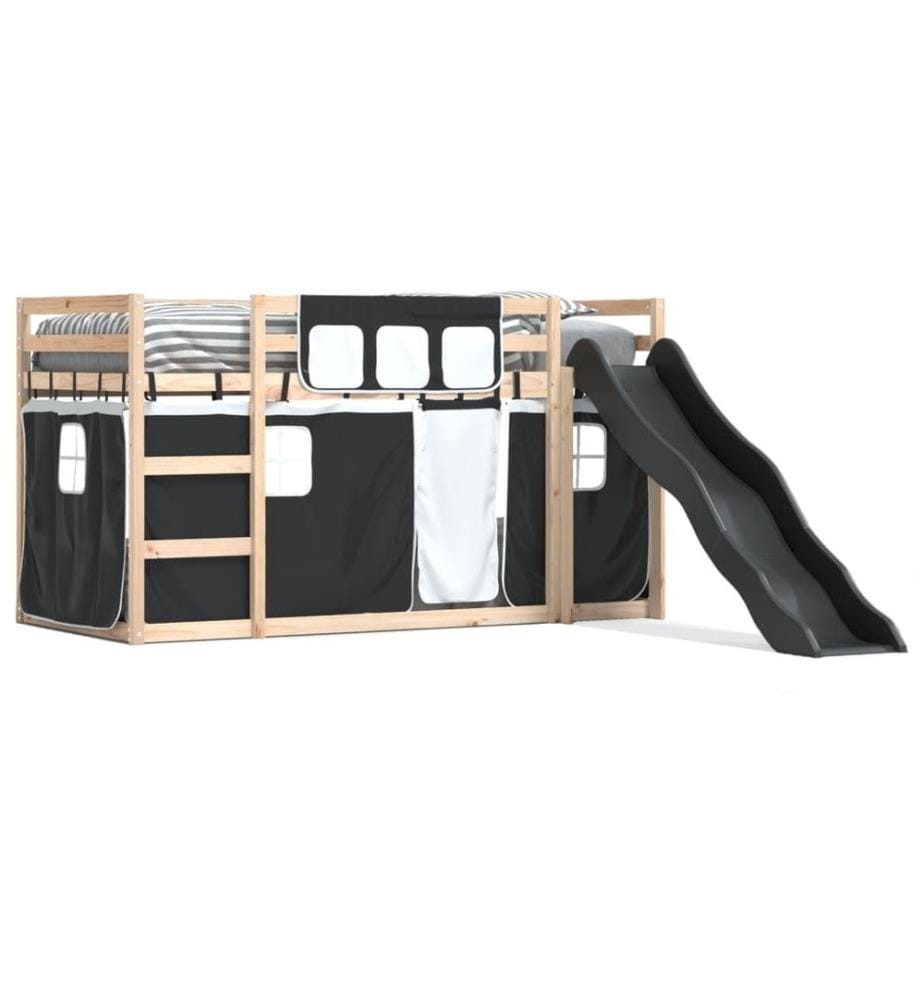 Etagenbett mit Rutsche und Gardinen Weiss und Schwarz 90x200 cm