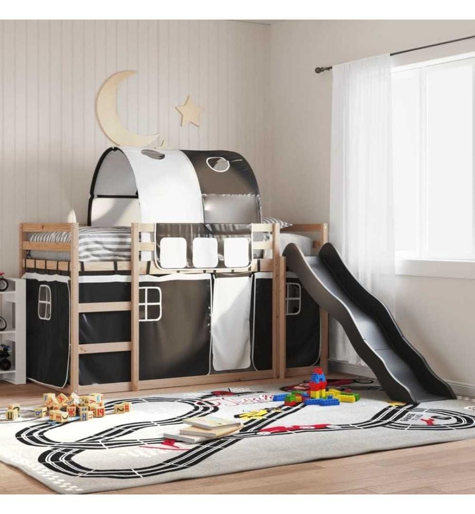 Etagenbett mit Rutsche und Gardinen Weiss und Schwarz 90x200 cm