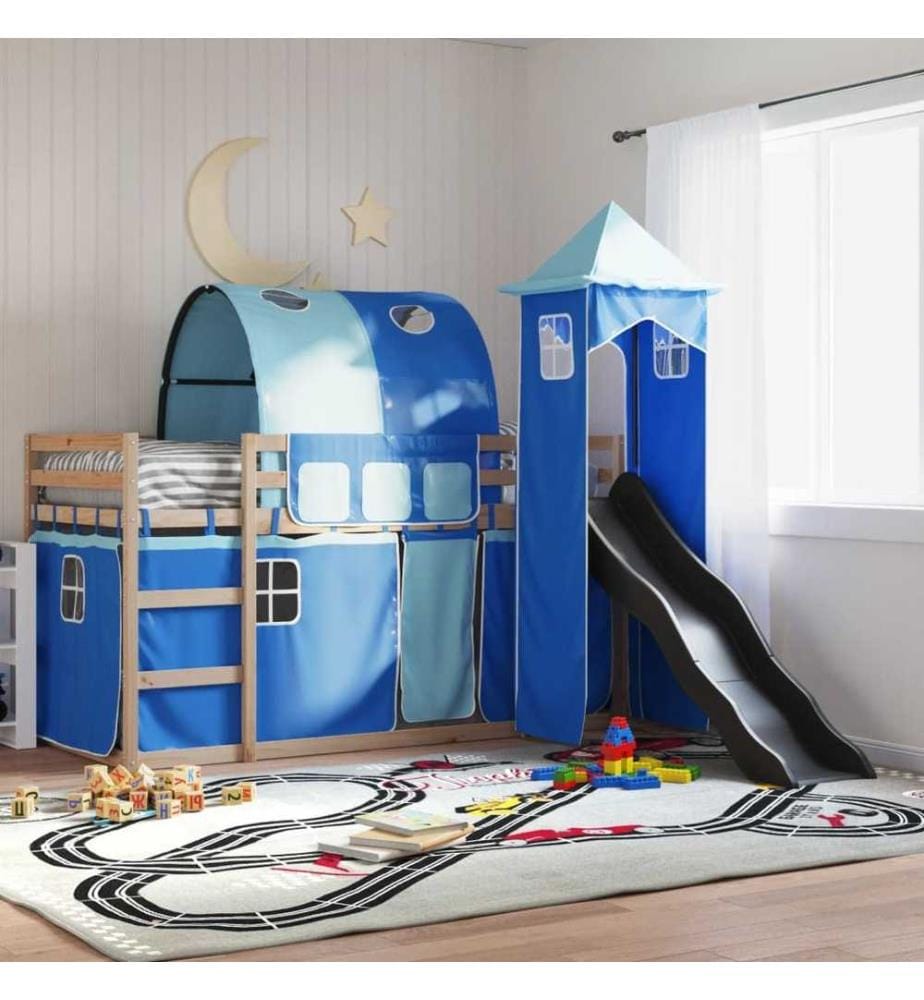 Lit superposé avec toboggan et rideaux bleu 90x200 cm
