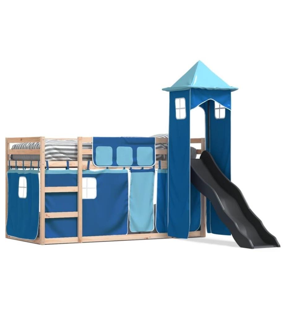 Etagenbett mit Rutsche und Gardinen Blau 80x200 cm