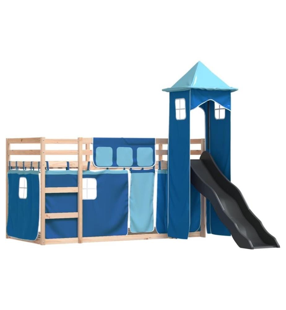 Etagenbett mit Rutsche und Gardinen Blau 80x200 cm