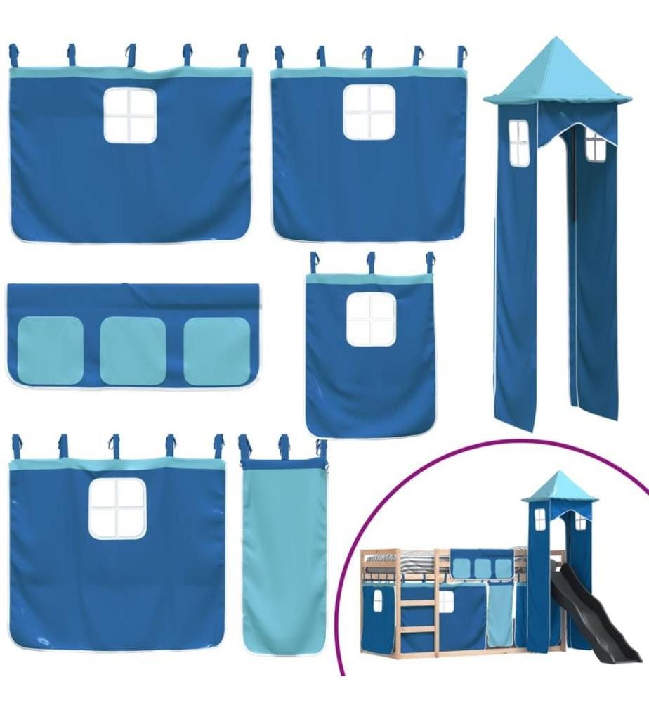 Etagenbett mit Rutsche und Gardinen Blau 80x200 cm