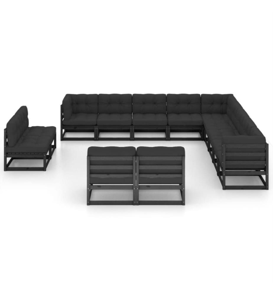 13-tlg. Garten-Lounge-Set mit Kissen Schwarz Massivholz Kiefer
