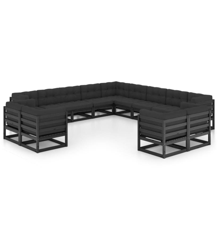 13-tlg. Garten-Lounge-Set mit Kissen Schwarz Massivholz Kiefer