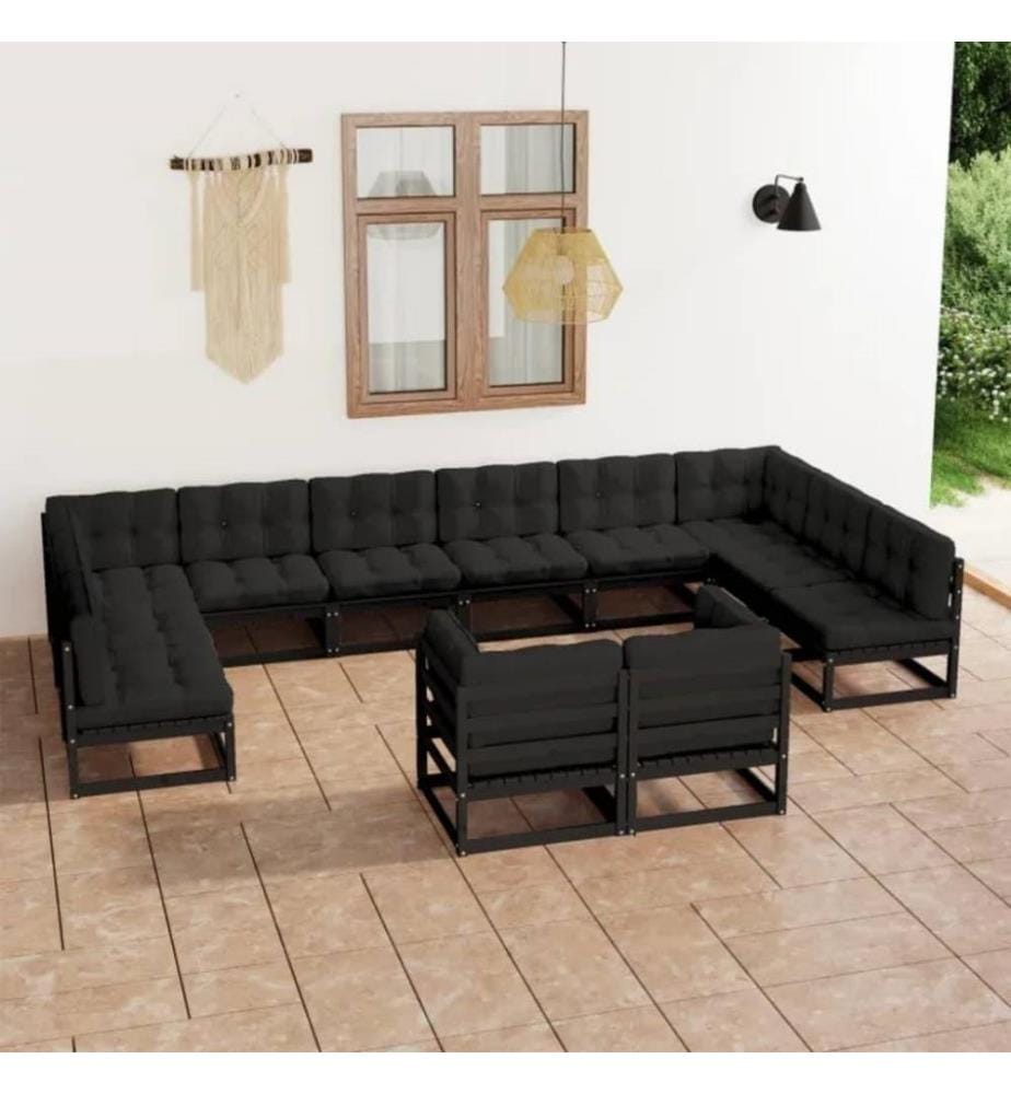 12-tlg. Garten-Lounge-Set mit Kissen Schwarz Kiefer Massivholz