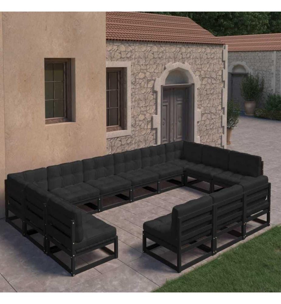 13-tlg. Garten-Lounge-Set mit Kissen Schwarz Massivholz Kiefer